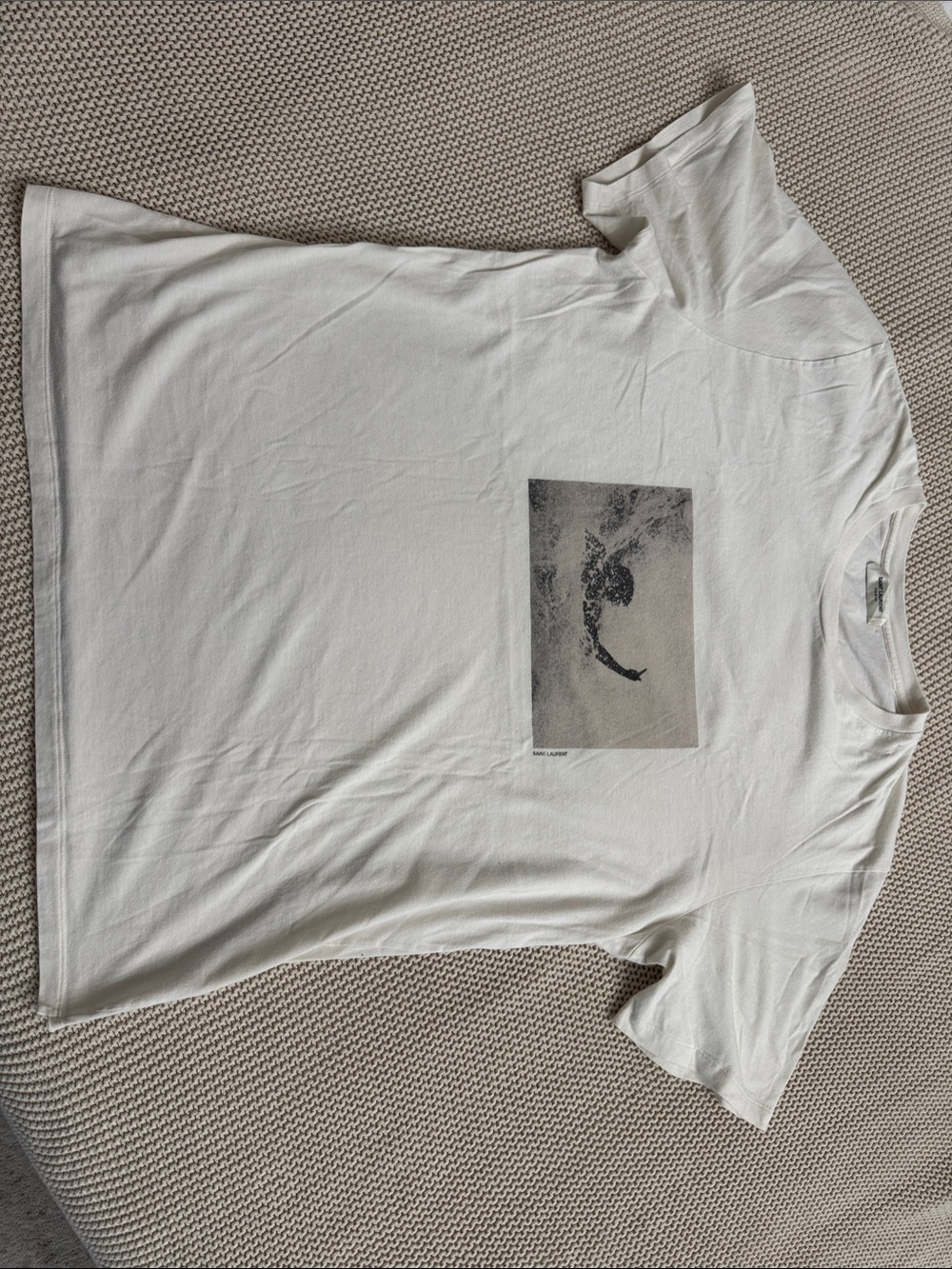 Saint Laurent White Crewneck Graphic Tee with Monochrome Print